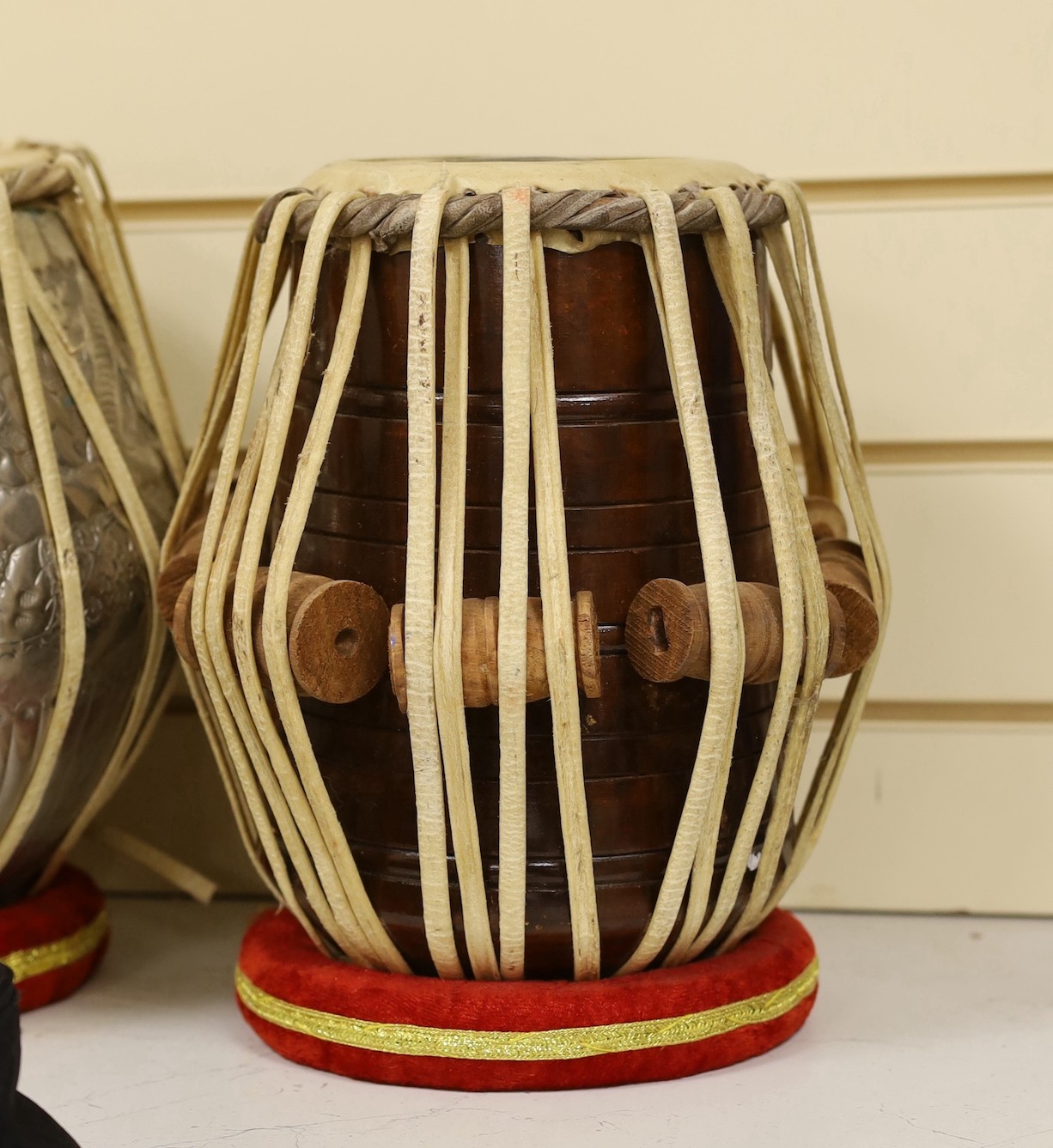 Two Indian Tabla Drums, largest 25 cms diameter.